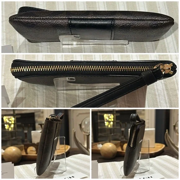 COACH Signature PVC Leather Corner Zip Wristlet w/Stripe in Walnut Brown & Black - Picture 5 of 15
